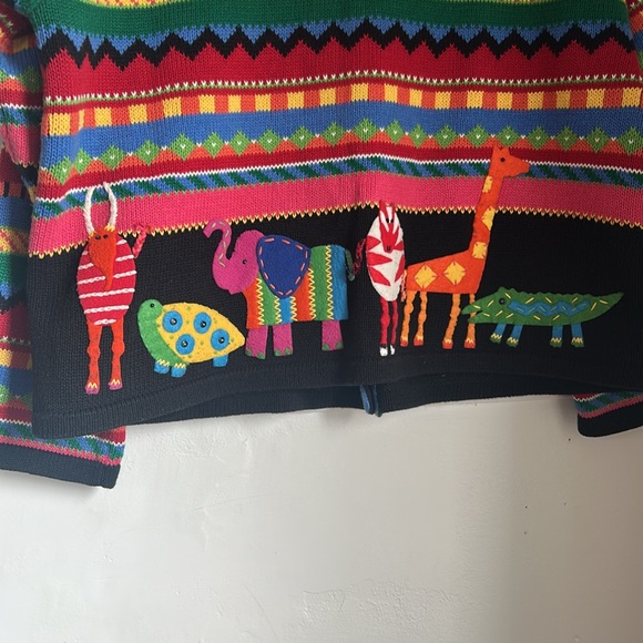 Vintage Susan Bristol Multicolor Striped Knit Cardigan Embroidered Animals - Picture 7 of 7